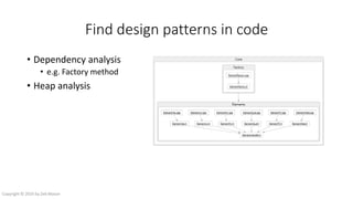 Find design patterns in code
• Dependency analysis
• e.g. Factory method
• Heap analysis
• e.g.
• Change in heap
• e.g.
Copyright © 2016 by Zeb Mason
 