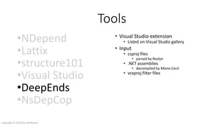 Tools
•NDepend
•Lattix
•structure101
•Visual Studio
•DeepEnds
•NsDepCop
• Visual Studio extension
• Listed on Visual Studio gallery
• Input
• csproj files
• parsed by Roslyn
• .NET assemblies
• decompiled by Mono.Cecil
• vcxproj.filter files
• Output
• DGML file
• Structured by namespace or filter
• Nodes hyperlink to source code files
• HTML report
• Cyclomatic number
• Underlying dependencies
Copyright © 2016 by Zeb Mason
 