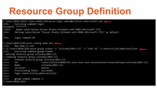 Resource Group Definition
C:UsersMCOLLIER>C:UsersMCOLLIER>azure login admin@mcollier.onmicrosoft.com
info: Executing command login
Password: ********
/info: Added subscription Visual Studio Ultimate with MSDN (Microsoft FTE)
info: Setting subscription "Visual Studio Ultimate with MSDN (Microsoft FTE)" as default
+
info: login command OK
C:UsersMCOLLIER>azure config mode arm
info: New mode is arm
C:C:UsersMCOLLIER>azure group create -n "vslivenyc2015-cli" -l "East US" -t event=vslive;admin=mcollier
info: Executing command group create
+ Getting resource group vslivenyc2015-cli
+ Creating resource group vslivenyc2015-cli
info: Created resource group vslivenyc2015-cli
data: Id: /subscriptions/0bbbc191-xxxx-xxxx-xxxx-xxxxxxxxxxxx/resourceGroups/vslivenyc2015-cli
data: Name: vslivenyc2015-cli
data: Location: eastus
data: Provisioning State: Succeeded
data: Tags: event=vslive;admin=mcollier
data:
info: group create command OK
C:UsersMCOLLIER>
 