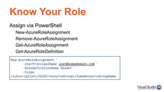 Know Your Role
Assign via PowerShell
New-AzureRoleAssignment
Remove-AzureRoleAssignment
Get-AzureRoleAssignment
Get-AzureRoleDefinition
New-AzureRoleAssignment `
-UserPrincipalName user@somedomain.com `
-RoleDefinitionName Reader `
-Scope
/subscriptions/GUID/resourceGroups/SomeResourceGroupName
 