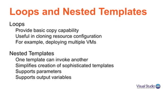 Loops and Nested Templates
Loops
Provide basic copy capability
Useful in cloning resource configuration
For example, deploying multiple VMs
Nested Templates
One template can invoke another
Simplifies creation of sophisticated templates
Supports parameters
Supports output variables
 