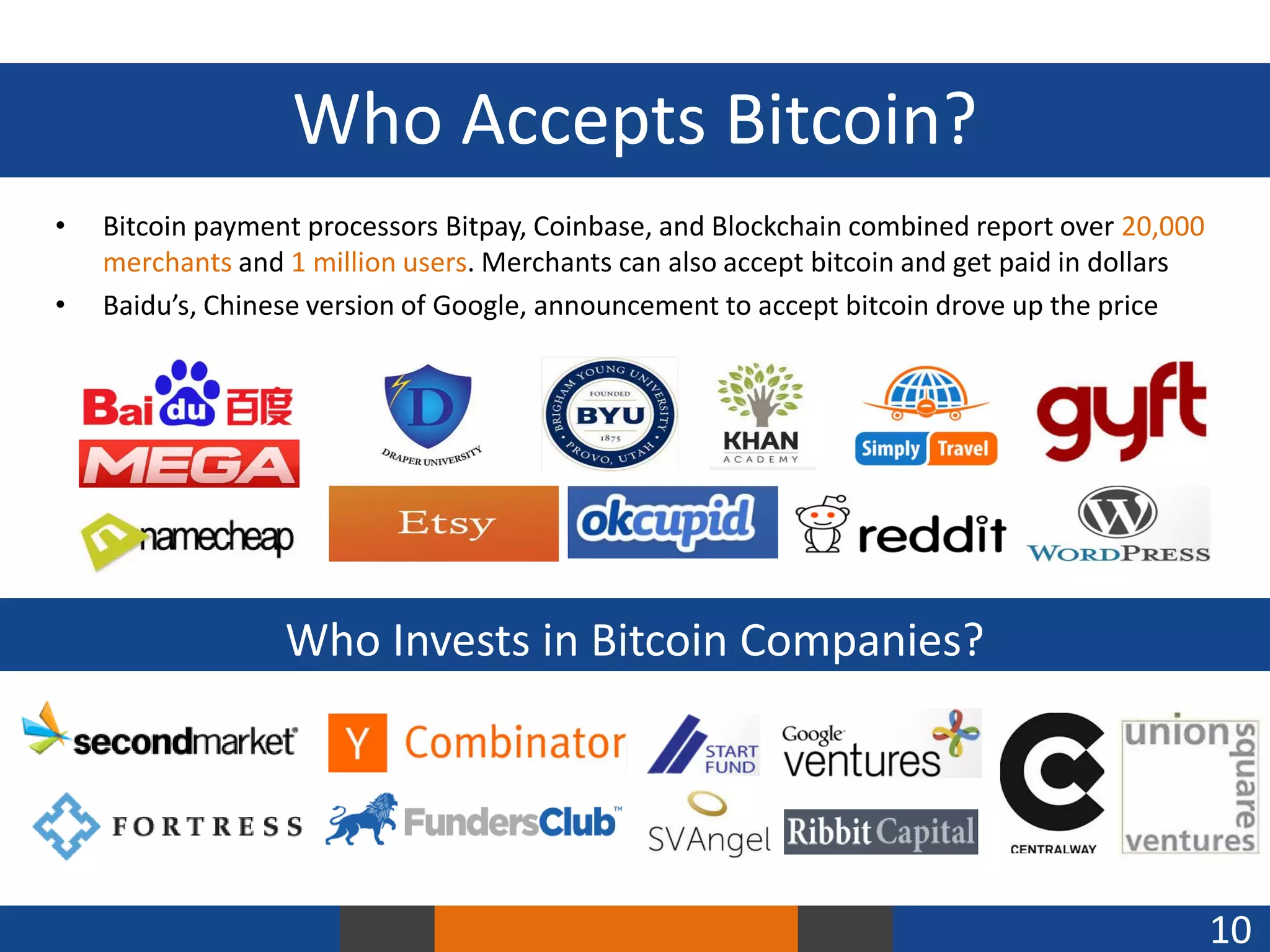 Who Accepts Bitcoin?
•

•

Bitcoin payment processors Bitpay, Coinbase, and Blockchain combined report over 20,000
merchants and 1 million users. Merchants can also accept bitcoin and get paid in dollars
Baidu’s, Chinese version of Google, announcement to accept bitcoin drove up the price

Who Invests in Bitcoin Companies?

10

 