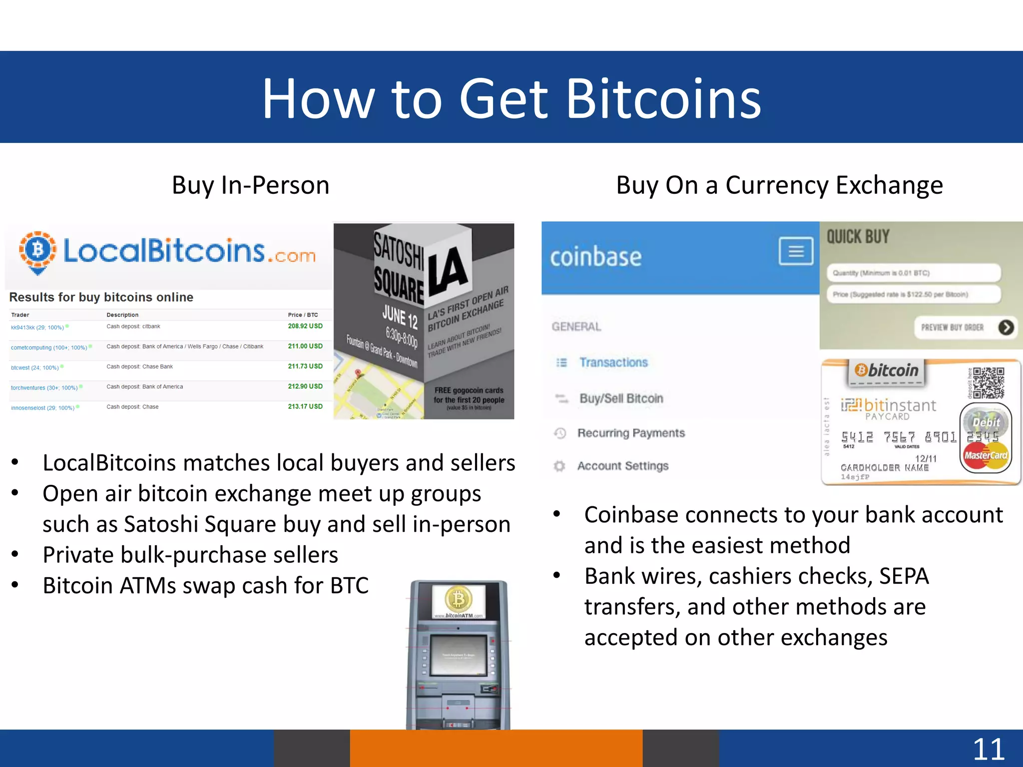 How to Get Bitcoins
Buy In-Person

• LocalBitcoins matches local buyers and sellers
• Open air bitcoin exchange meet up groups
such as Satoshi Square buy and sell in-person
• Private bulk-purchase sellers
• Bitcoin ATMs swap cash for BTC

Buy On a Currency Exchange

• Coinbase connects to your bank account
and is the easiest method
• Bank wires, cashiers checks, SEPA
transfers, and other methods are
accepted on other exchanges

11

 