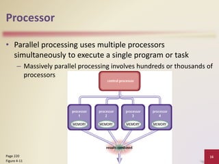 Processor
• Parallel processing uses multiple processors
simultaneously to execute a single program or task
– Massively parallel processing involves hundreds or thousands of
processors
Discovering Computers 2012: Chapter 4 16
Page 220
Figure 4-11
 