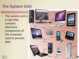 The System Unit
• The system unit is
a case that
contains
electronic
components of
the computer
used to process
data
Discovering Computers 2012: Chapter 4 4
Page 210
Figure 4-1
 