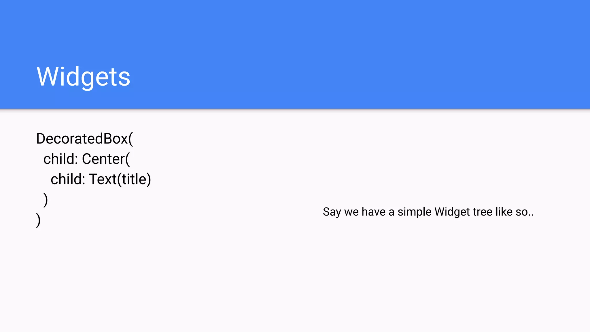 Widgets
DecoratedBox(
child: Center(
child: Text(title)
)
)
Say we have a simple Widget tree like so..
 