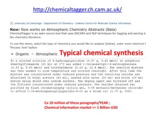 http://chemicaltagger.ch.cam.ac.uk/
• Typical
Typical chemical synthesis
Ca 10 million of these paragraphs/YEAR ;
Chemical information market >= 1 Billion USD
 