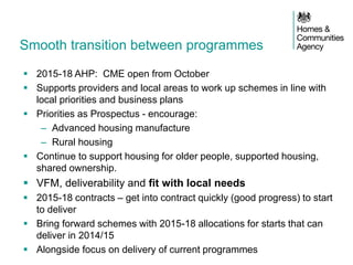 Smooth transition between programmes 
2015-18 AHP: CME open from October 
Supports providers and local areas to work up schemes in line with local priorities and business plans 
Priorities as Prospectus - encourage: 
–Advanced housing manufacture 
–Rural housing 
Continue to support housing for older people, supported housing, shared ownership. 
VFM, deliverability and fit with local needs 
2015-18 contracts – get into contract quickly (good progress) to start to deliver 
Bring forward schemes with 2015-18 allocations for starts that can deliver in 2014/15 
Alongside focus on delivery of current programmes 
 