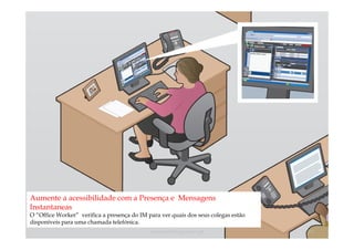 Aumente a acessibilidade com a Presença e Mensagens
Instantaneas
O “Office Worker” verifica a presença do IM para ver quais dos seus colegas estão
disponíveis para uma chamada telefónica.
                                             comercial@logicamix.pt                 18
 