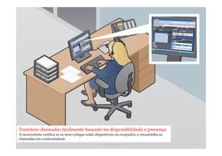 Transfere chamadas fácilmente baseado na disponibilidade e presença
A rececionista verifica se os seus colegas estão disponíveis ou ocupados, e encaminha as
chamadas em conformidade.
                                              comercial@logicamix.pt                       24
 