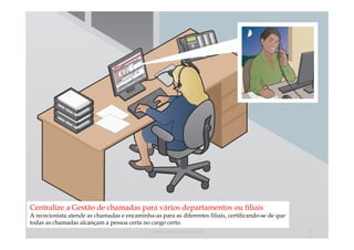 Centralize a Gestão de chamadas para vários departamentos ou filiais
A rececionista atende as chamadas e encaminha-as para as diferentes filiais, certificando-se de que
todas as chamadas alcançam a pessoa certa no cargo certo.
                                              comercial@logicamix.pt                                  25
 