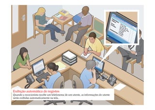 Exibição automática de registos
Quando a rececionista recebe um telefonema de um utente, as informações do utente
serão exibidas automaticamente na tela..
                                            comercial@logicamix.pt                  33
 