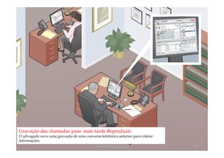 Gravação das chamadas para mais tarde Reproduzir
O advogado ouve uma gravação de uma conversa telefónica anterior para coletar
informações.
                                           comercial@logicamix.pt               37
 