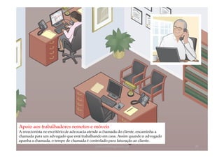 Apoio aos trabalhadores remotos e móveis
A rececionista no escritório de advocacia atende a chamada do cliente, encaminha a
chamada para um advogado que está trabalhando em casa. Assim quando o advogado
apanha a chamada, o tempo de chamada é controlado para faturação ao cliente.
                                           comercial@logicamix.pt                    39
 