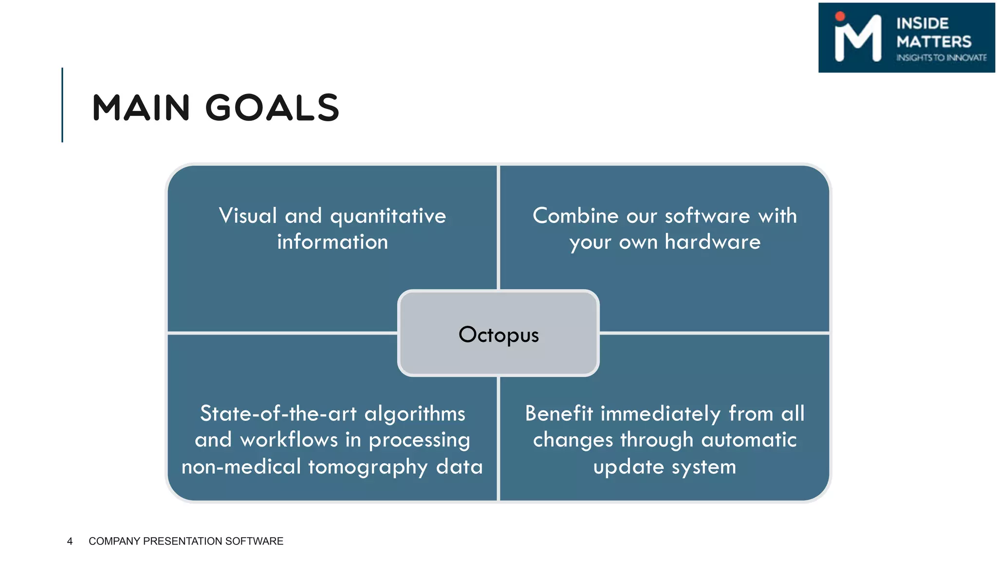 MAIN GOALS
4 COMPANY PRESENTATION SOFTWARE
Visual and quantitative
information
Combine our software with
your own hardware
State-of-the-art algorithms
and workflows in processing
non-medical tomography data
Benefit immediately from all
changes through automatic
update system
Octopus
 