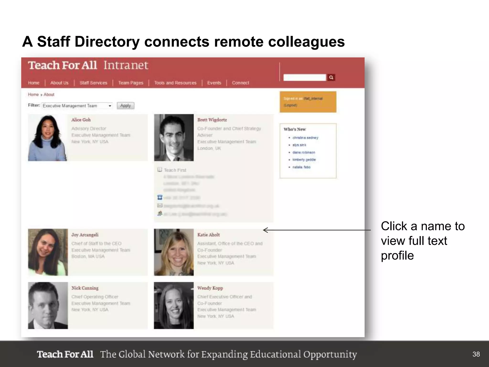 A Staff Directory connects remote colleagues




                                               Click a name to
                                               view full text
                                               profile




                                                                 38
 