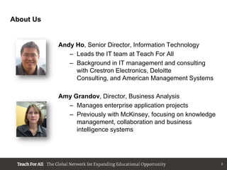 About Us


           Andy Ho, Senior Director, Information Technology
              – Leads the IT team at Teach For All
              – Background in IT management and consulting
                with Crestron Electronics, Deloitte
                Consulting, and American Management Systems

           Amy Grandov, Director, Business Analysis
             – Manages enterprise application projects
             – Previously with McKinsey, focusing on knowledge
                management, collaboration and business
                intelligence systems




                                                                 3
 