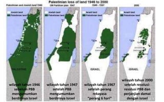 wilayah tahun 1967
setelah perang
rekayasa
“perang 6 hari”
wilayah tahun 1946
sebelum PBB
mengumumkan
berdirinya Israel
wilayah tahun 1947
setelah PBB
mengumumkan
berdirinya Israel
wilayah tahun 2000
setelah resolusi-
resolusi PBB dan
perjanjian damai
dengan israel
 