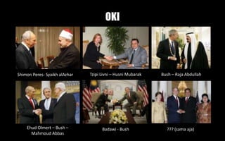 OKI
Shimon Peres- Syaikh alAzhar Tzipi Livni – Husni Mubarak Bush – Raja Abdullah
Ehud Olmert – Bush –
Mahmoud Abbas
Badawi - Bush ??? (sama aja)
 