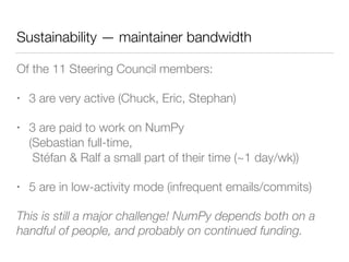 Sustainability — maintainer bandwidth
Of the 11 Steering Council members:
• 3 are very active (Chuck, Eric, Stephan)
• 3 are paid to work on NumPy 
(Sebastian full-time, 
Stéfan & Ralf a small part of their time (~1 day/wk))
• 5 are in low-activity mode (infrequent emails/commits)
This is still a major challenge! NumPy depends both on a
handful of people, and probably on continued funding.
 