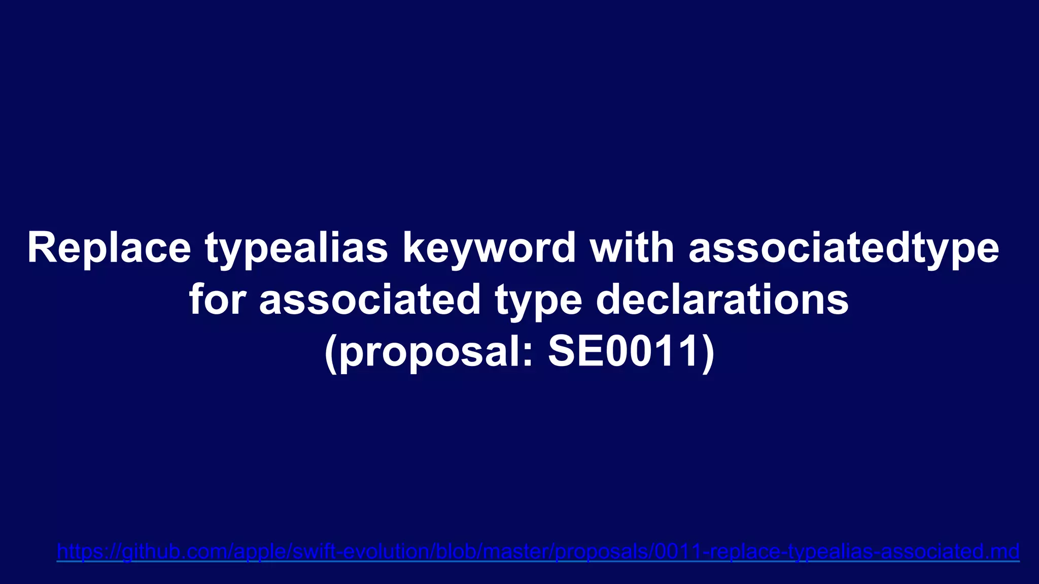 Replace typealias keyword with associatedtype
for associated type declarations
(proposal: SE0011)
https://github.com/apple/swift-evolution/blob/master/proposals/0011-replace-typealias-associated.md
 
