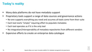 Apache Atlas as an open innovation platform for metadata management and governance15
Today’s reality
 Many data platforms do not have metadata support
 Proprietary tools support a range of data sources and governance actions
• No-one supports everything you need and assumes all tools come from their suite
• Each tool starts “empty” requiring effort to populate metadata
• Each tool operates as if it is the only tool
• No integration/interoperability of metadata repositories from different vendors
 Expensive efforts to create an enterprise data catalogue
 