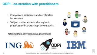 Apache Atlas as an open innovation platform for metadata management and governance49
ODPI - co-creation with practitioners
• Compliance assistance and certification
for vendors
• Subject matter experts sharing best
practices and co-creating content packs
https://github.com/odpi/data-governance
 