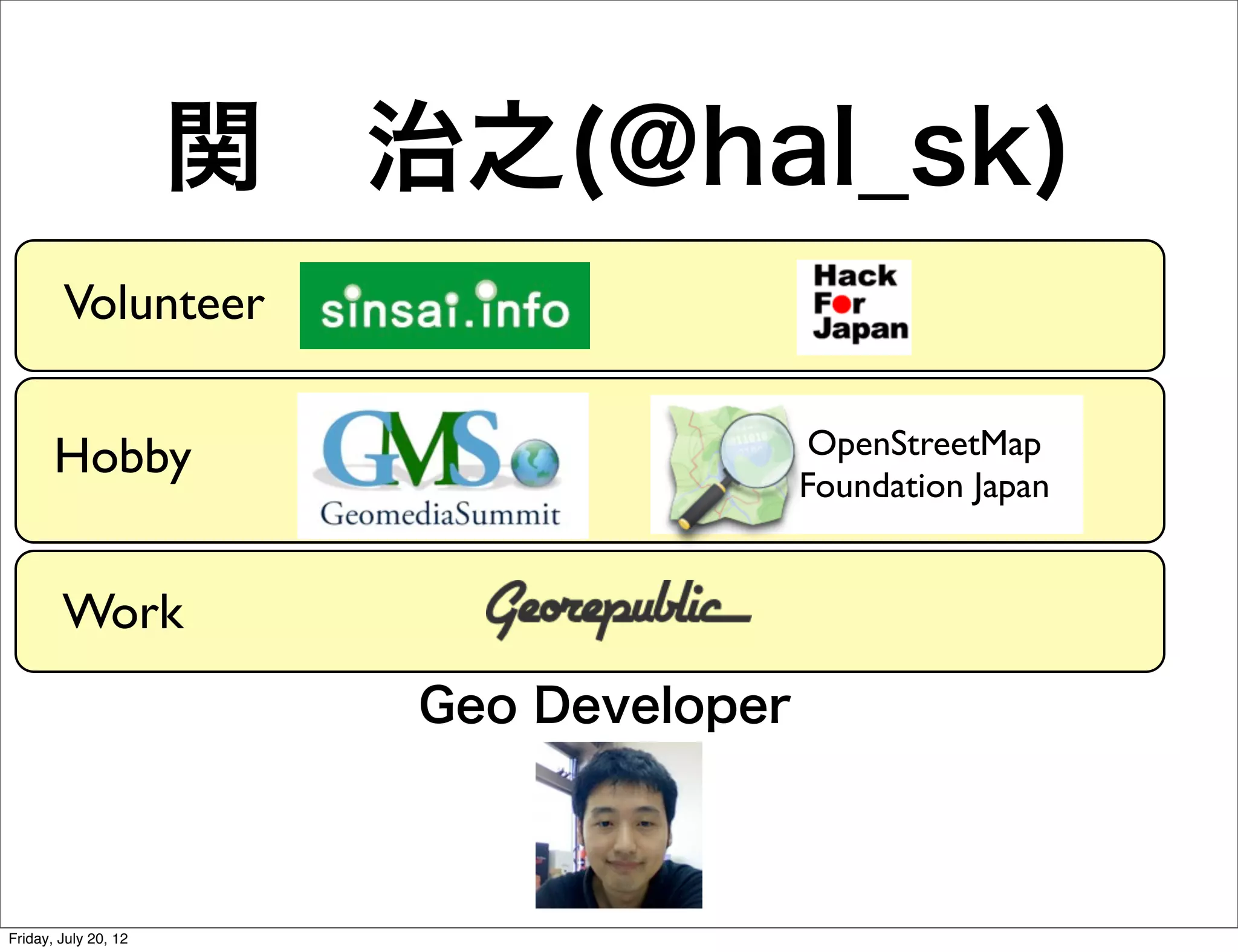 関 治之(@hal_sk)
        Volunteer


       Hobby                              OpenStreetMap
                                         Foundation Japan


        Work
                         Geo Developer



Friday, July 20, 12
 