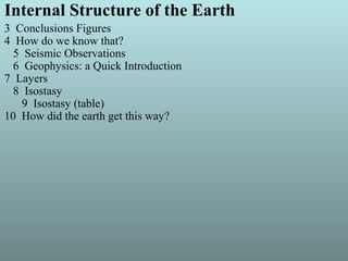 Internal Structure of the Earth
3 Conclusions Figures
4 How do we know that?
5 Seismic Observations
6 Geophysics: a Quick Introduction
7 Layers
8 Isostasy
9 Isostasy (table)
10 How did the earth get this way?
 