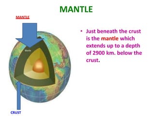 MANTLE
• Just beneath the crust
is the mantle which
extends up to a depth
of 2900 km. below the
crust.
MANTLE
CRUST
 