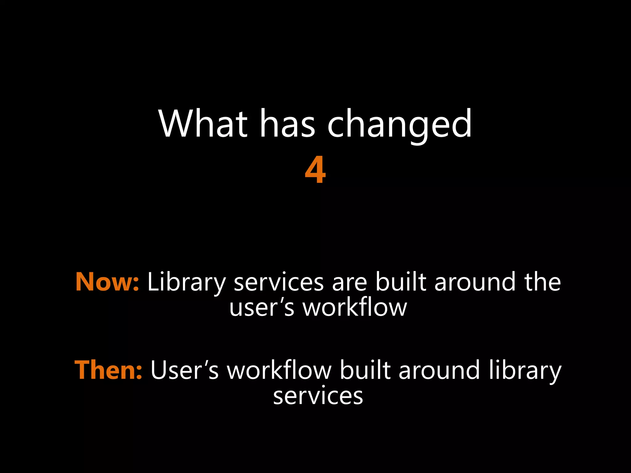 What has changed
              4

Now: Library services are built around the
            user’s workflow

Then: User’s workflow built around library
                services
 