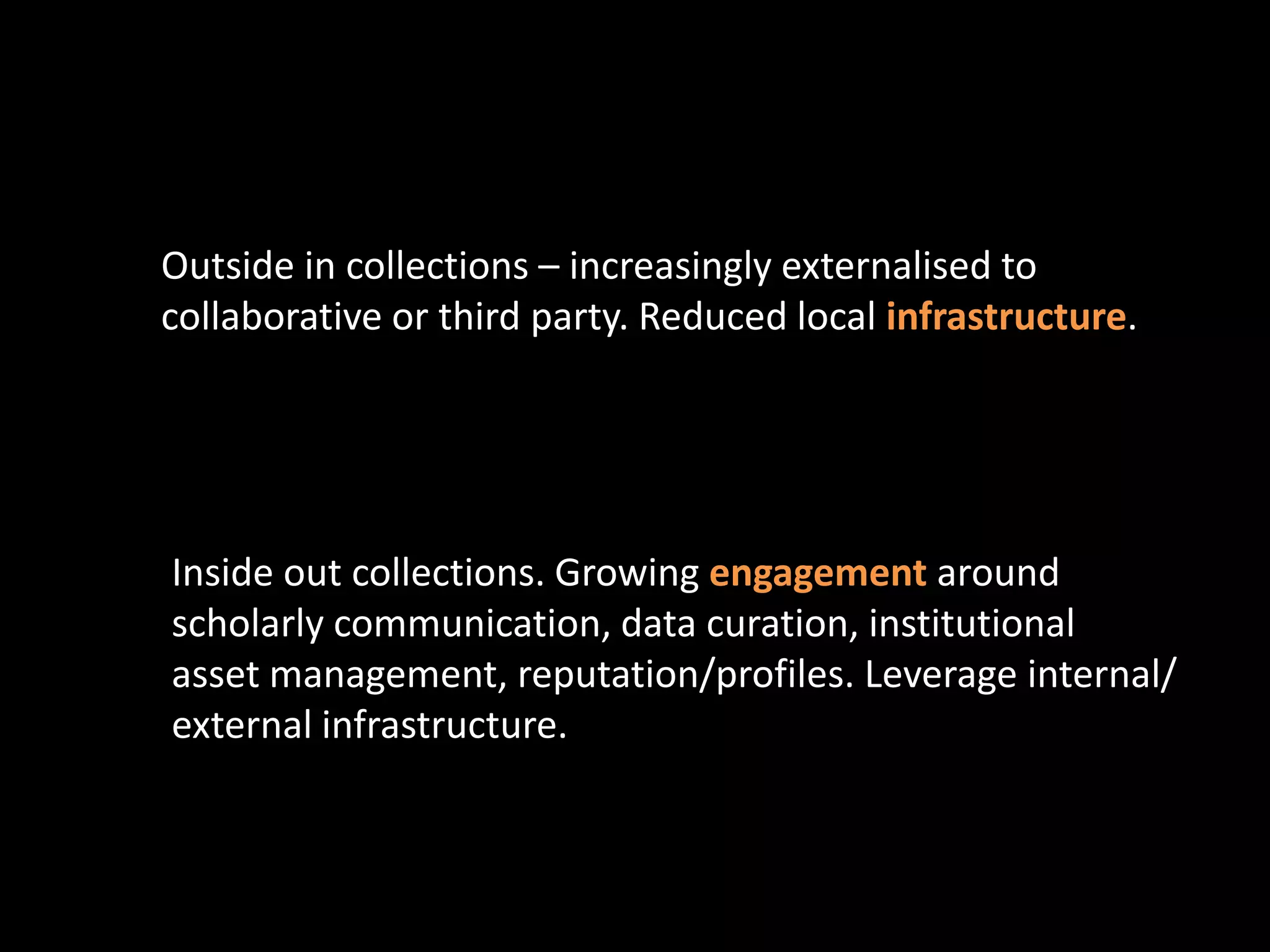 Outside in collections – increasingly externalised to
collaborative or third party. Reduced local infrastructure.




Inside out collections. Growing engagement around
scholarly communication, data curation, institutional
asset management, reputation/profiles. Leverage internal/
external infrastructure.
 