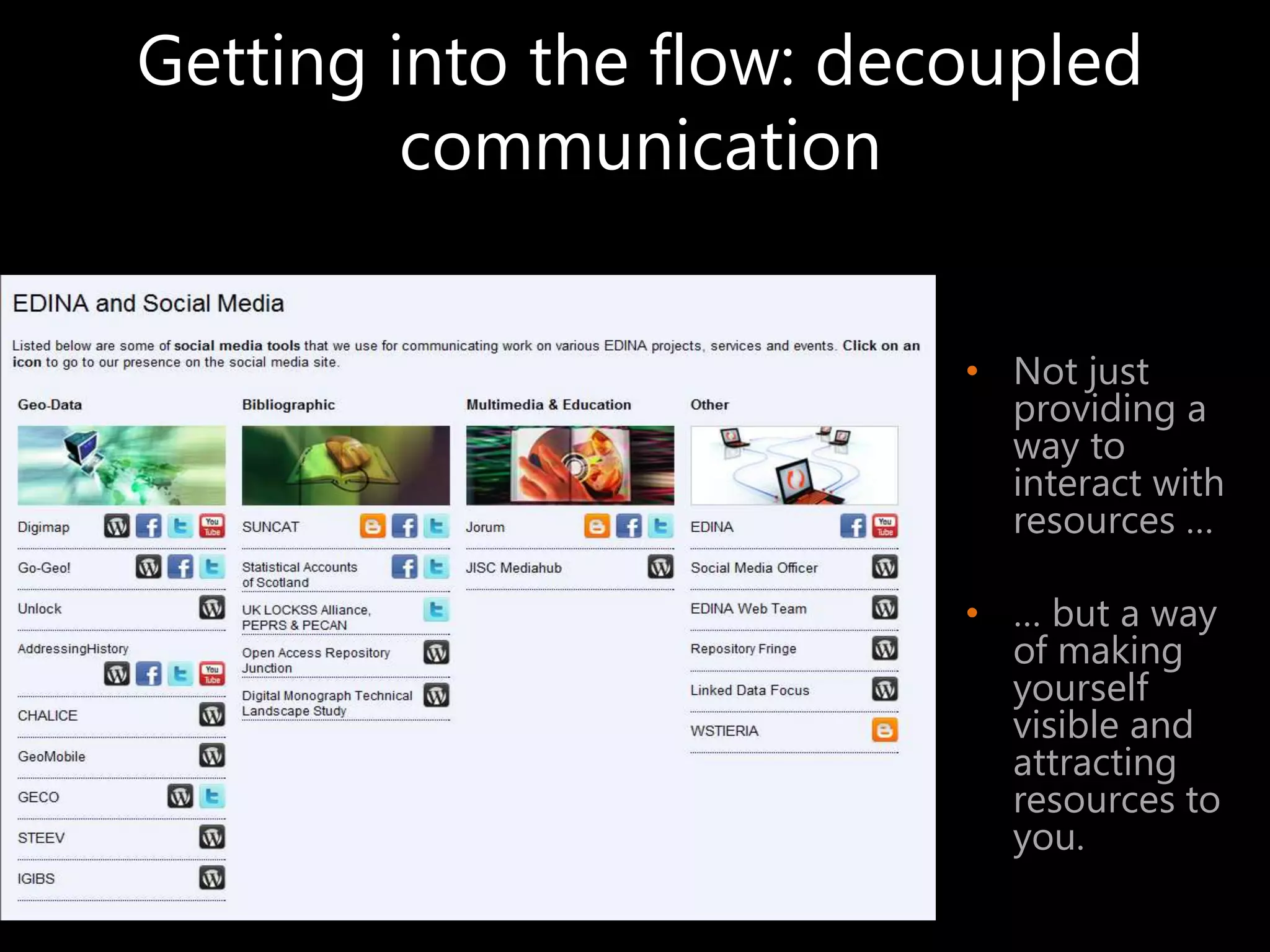 Getting into the flow: decoupled
         communication


                          • Not just
                            providing a
                            way to
                            interact with
                            resources …

                          • … but a way
                            of making
                            yourself
                            visible and
                            attracting
                            resources to
                            you.
 