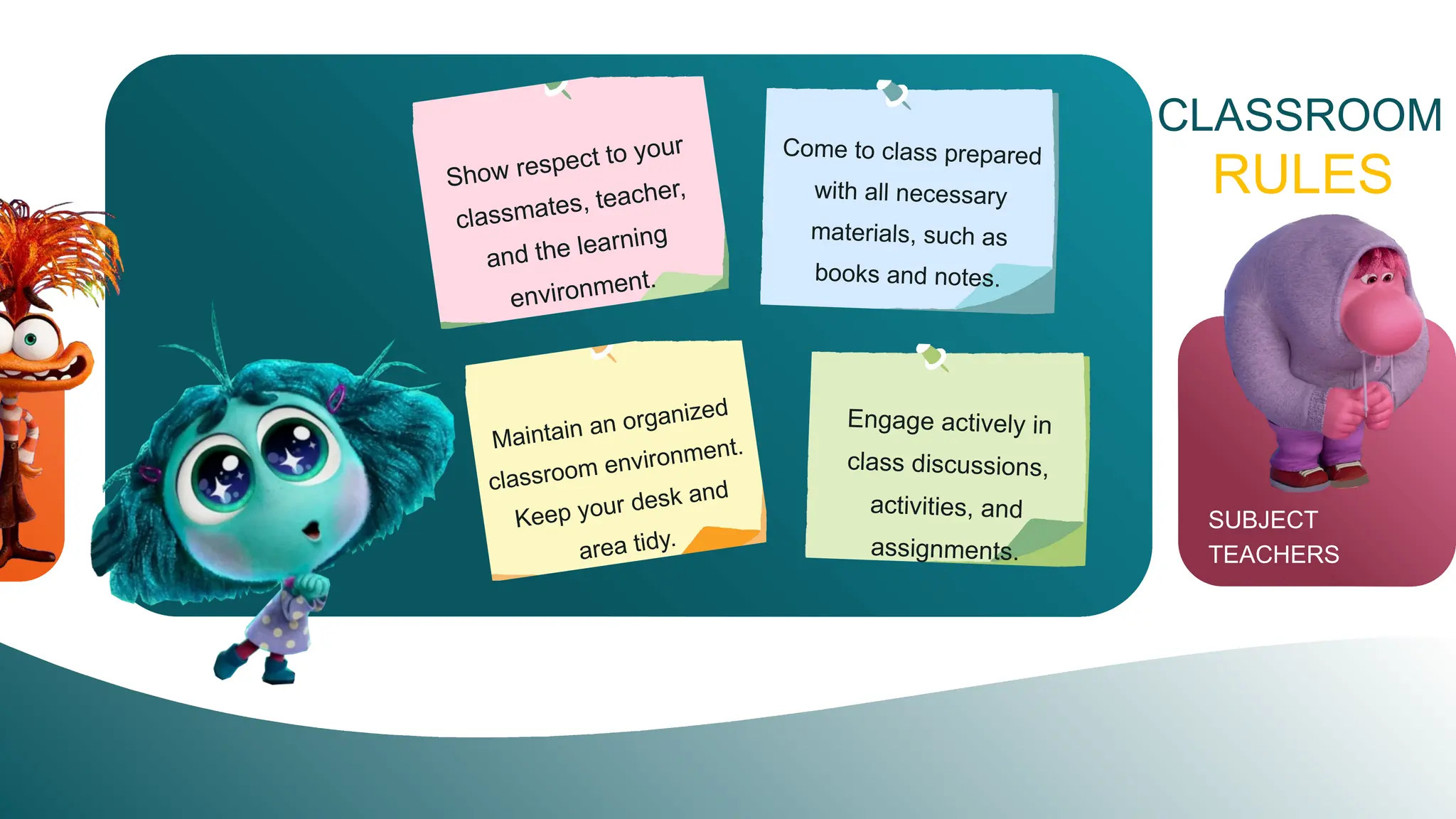 CLASSROOM
RULES
Show respect to your
classmates, teacher,
and the learning
environment.
Come to class prepared
with all necessary
materials, such as
books and notes.
Maintain an organized
classroom environment.
Keep your desk and
area tidy.
Engage actively in
class discussions,
activities, and
assignments.
SUBJECT
TEACHERS
 