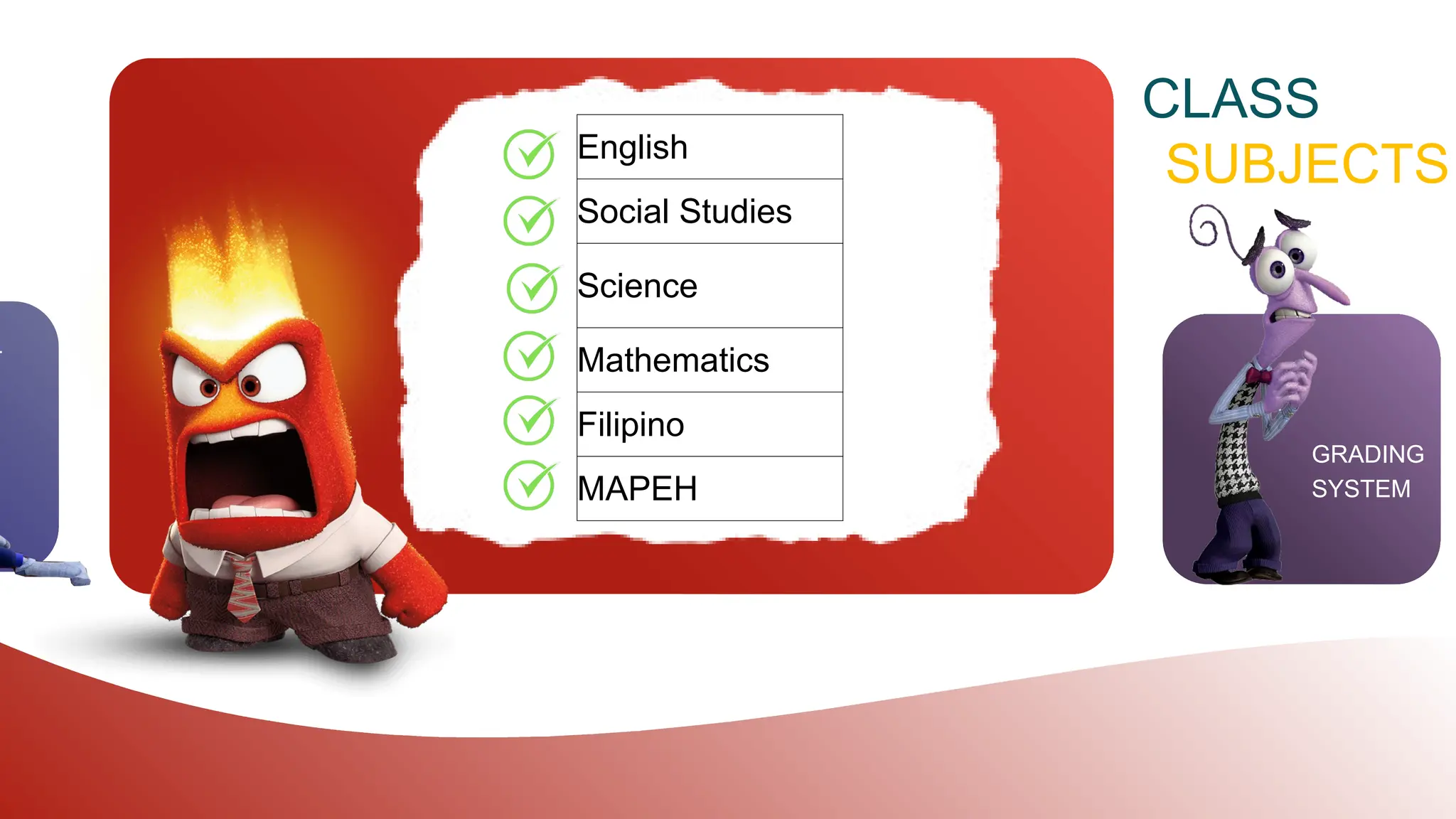 CLASS
SUBJECTS
T
GRADING
SYSTEM
English
Social Studies
Science
Mathematics
Filipino
MAPEH
 