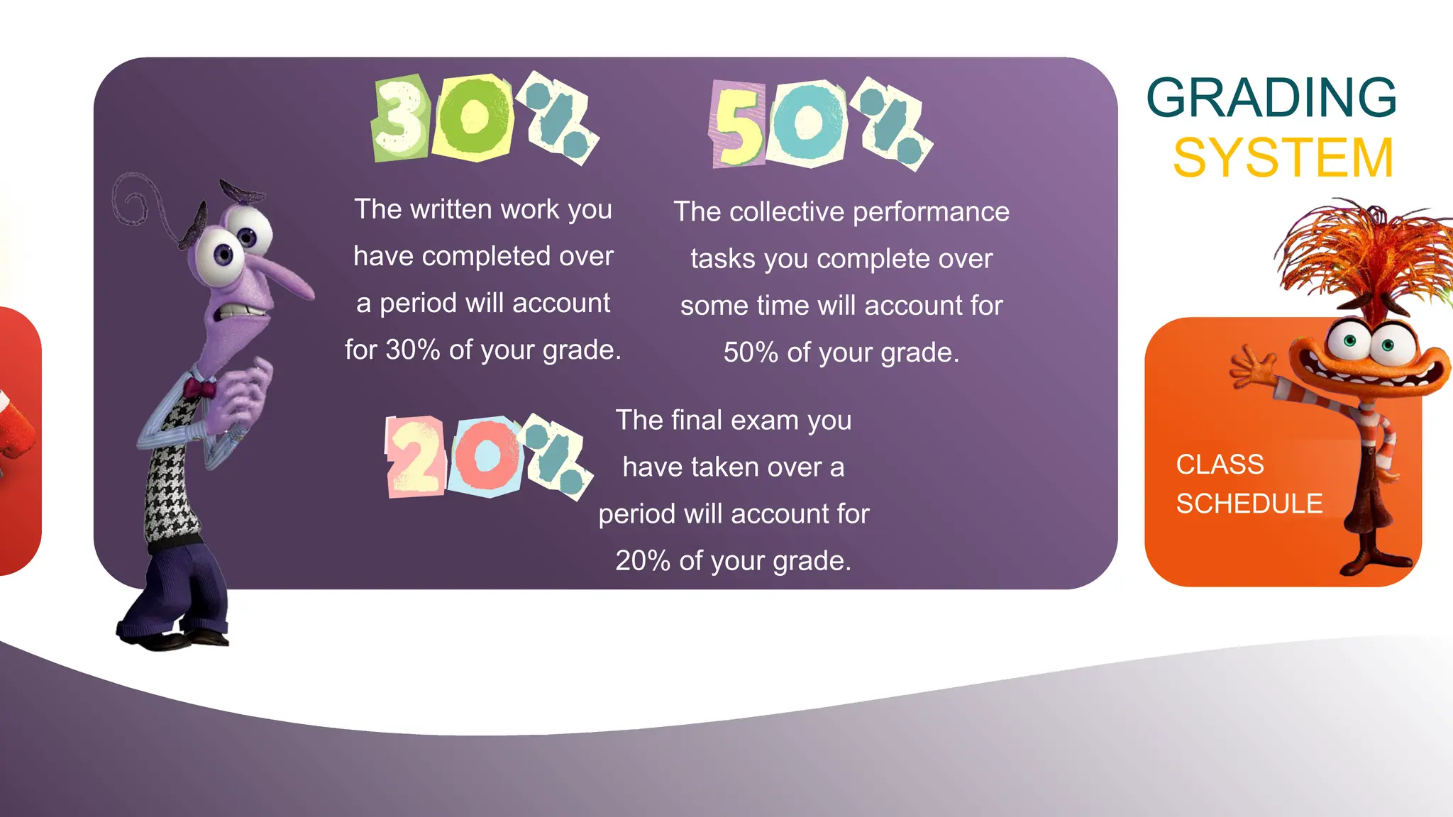 CLASS
SCHEDULE
GRADING
SYSTEM
The written work you
have completed over
a period will account
for 30% of your grade.
The collective performance
tasks you complete over
some time will account for
50% of your grade.
The final exam you
have taken over a
period will account for
20% of your grade.
 