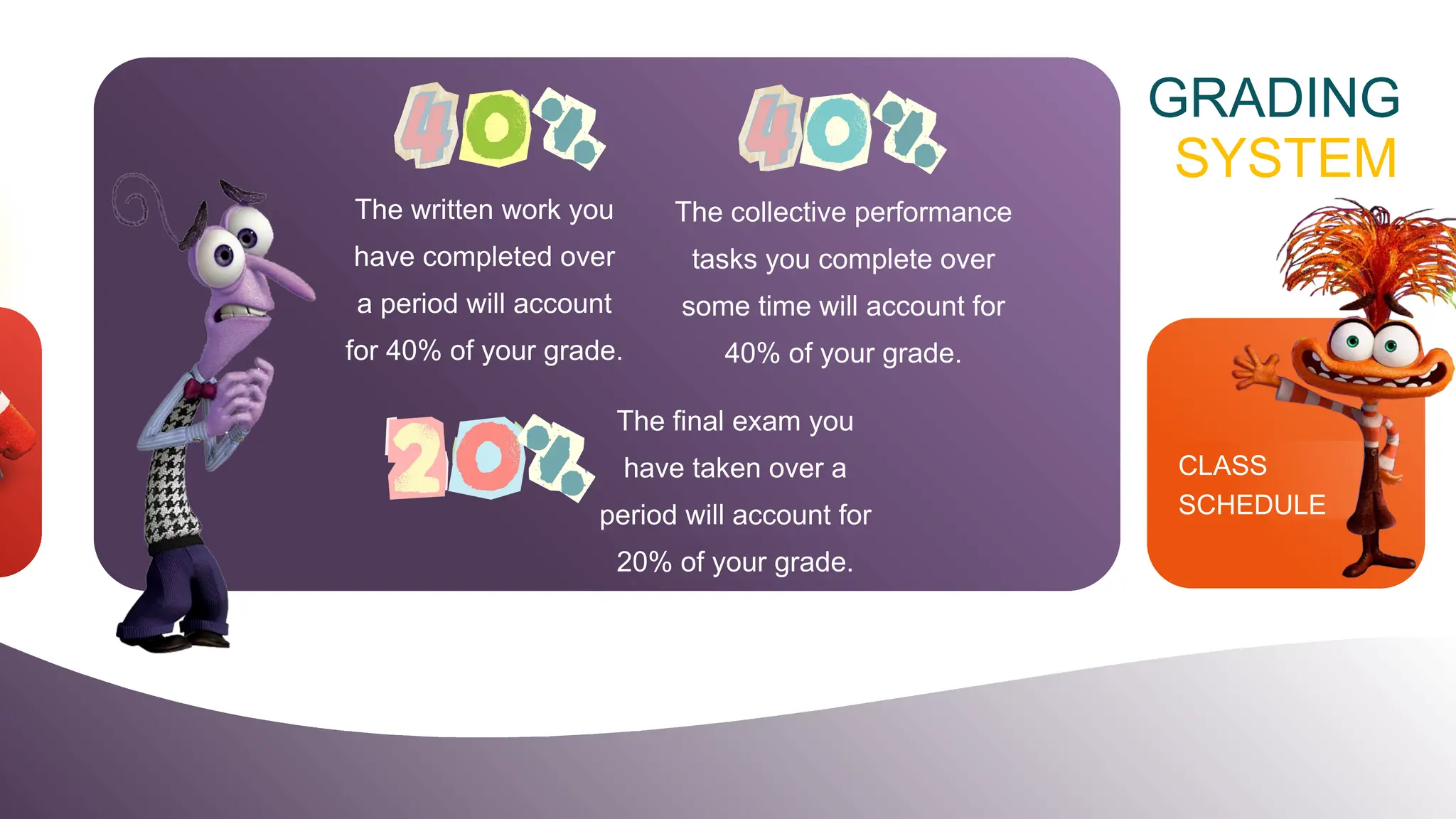 CLASS
SCHEDULE
GRADING
SYSTEM
The written work you
have completed over
a period will account
for 40% of your grade.
The collective performance
tasks you complete over
some time will account for
40% of your grade.
The final exam you
have taken over a
period will account for
20% of your grade.
 