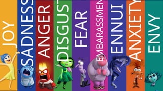 JOY
SADNES
ANGER
DISGUS
FEAR
EMBARASSME
ENNUI
ANXIET
ENVY
 