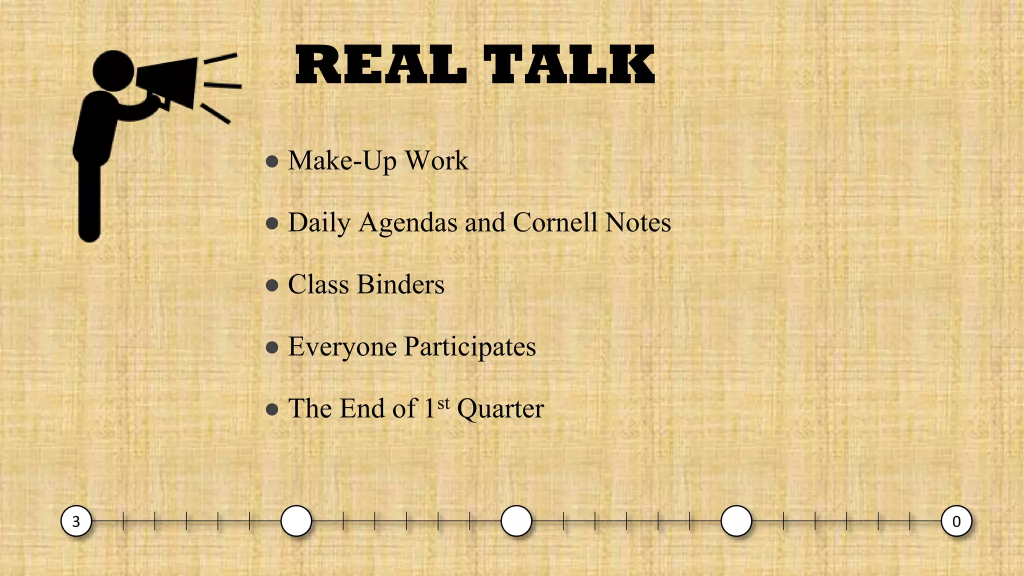 REAL TALK
● Make-Up Work
● Daily Agendas and Cornell Notes
● Class Binders
● Everyone Participates
● The End of 1st Quarter
3 0
 