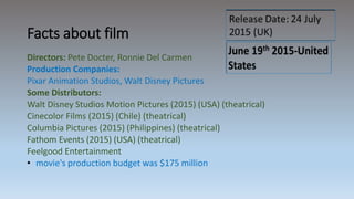 Facts about film
Directors: Pete Docter, Ronnie Del Carmen
Production Companies:
Pixar Animation Studios, Walt Disney Pictures
Some Distributors:
Walt Disney Studios Motion Pictures (2015) (USA) (theatrical)
Cinecolor Films (2015) (Chile) (theatrical)
Columbia Pictures (2015) (Philippines) (theatrical)
Fathom Events (2015) (USA) (theatrical)
Feelgood Entertainment
• movie's production budget was $175 million
 