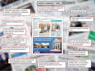 NORTH SOMERSET TIMES
TURQUOISE AND BLACK – COLOUR
SCHEME – CORRELATES TO COLOURS
USED FOR THE MASTHEAD
IMPORTANT INFORMATION IN
BOLD
SUBTITLES USED FOR READERS TO
EASILY FIND THE TOPICS THEY'RE
INTERESTED IN
TITLE OF STORY IN LARGER FONT, SO THE
READER HAS KNOWLEDGE ON WHAT THE
STORY CONSISTS OF IMMEDIATELY
URL LINK TO THEIR WEBSITE – RESULT OF
TECHNOLOGICAL CONVERGENCE
DATE OF PUBLICATION
CAPTION ON WHAT THE IMAGE
IS OF
LARGE IMAGE USED TO PROMOTE
LOCAL PLAY
½ OF THE SECOND PAGE IS
AN ADVERTISEMENT FOR A
LOCAL BUSINESS
IMAGE USED TO HELP TO
PROMOTE THE BUSINESS
COLOURS USED FIT WITH THE REST OF
THE NEWSPAPER COLOUR SCHEME
WHITE FONT CONTRASTS WITH THE LIGHT
BLUE BACKGROUND WHICH MAKES IT
STAND OUT
ADVERTISEMENT BANNER TO GIVE
IMPORTANT INFORMATION FOR THEIR
BUSINESS.
SUBHEADINGS IN UPPERCASE,
ORANGE FONT – SO THE READER
CAN EASILY FIND THE SPECIFIC
IMPORTANT INFORMATION
 