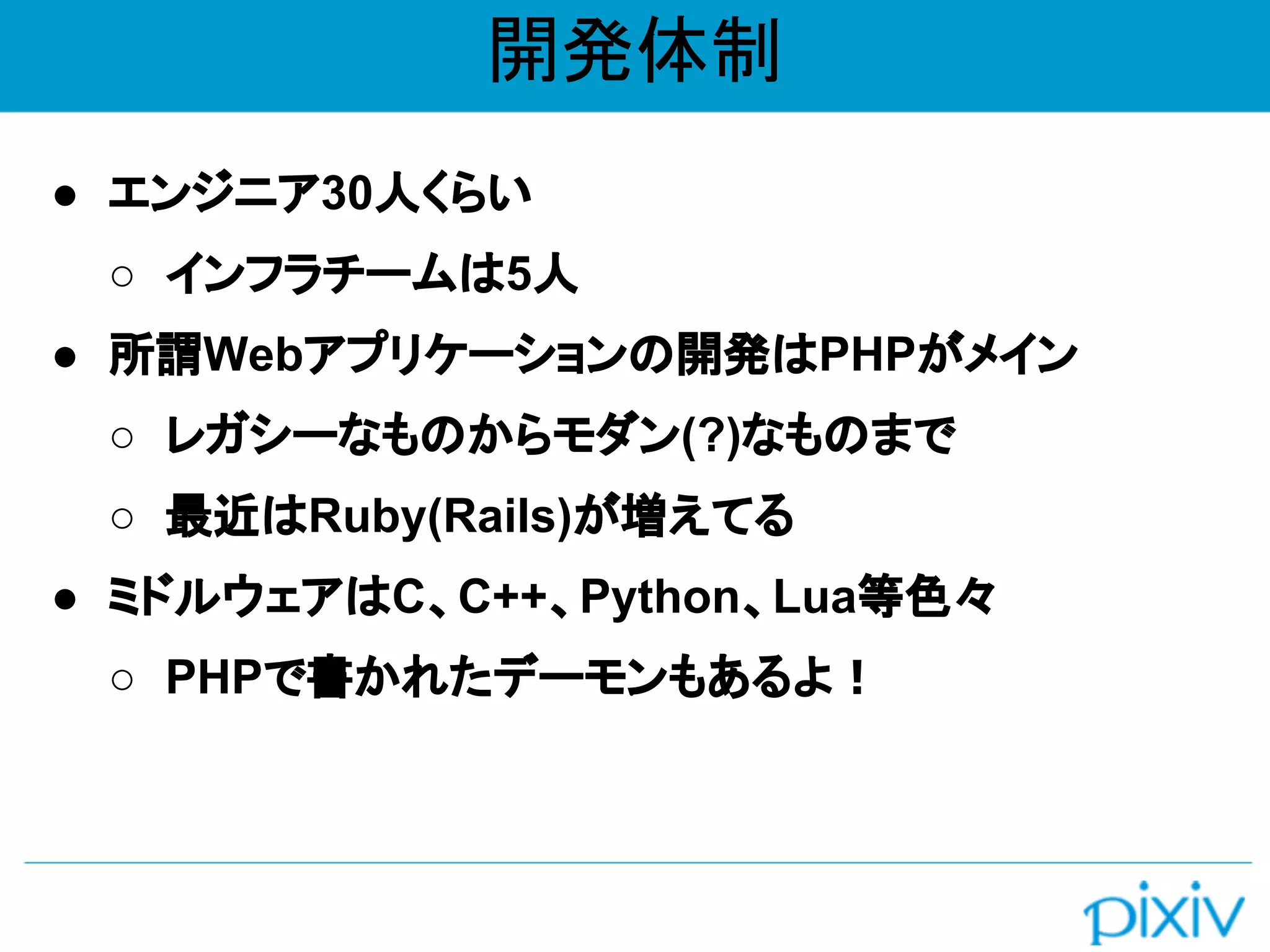 開発体制
● エンジニア30人くらい
○ インフラチームは5人
● 所謂Webアプリケーションの開発はPHPがメイン
○ レガシーなものからモダン(?)なものまで
○ 最近はRuby(Rails)が増えてる
● ミドルウェアはC、C++、Python、Lua等色々
○ PHPで書かれたデーモンもあるよ！
 