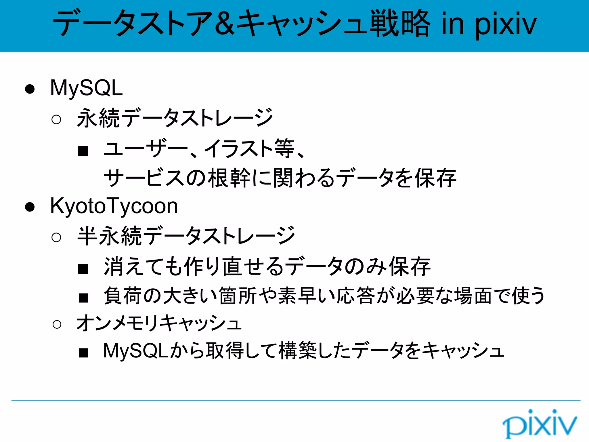 データストア&キャッシュ戦略 in pixiv
● MySQL
○ 永続データストレージ
■ ユーザー、イラスト等、
サービスの根幹に関わるデータを保存
● KyotoTycoon
○ 半永続データストレージ
■ 消えても作り直せるデータのみ保存
■ 負荷の大きい箇所や素早い応答が必要な場面で使う
○ オンメモリキャッシュ
■ MySQLから取得して構築したデータをキャッシュ
 