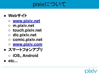 辱澱ˤĤ
 Web
 www.pixiv.net
 m.pixiv.net
 touch.pixiv.net
 dic.pixiv.net
 comic.pixiv.net
 www.pixiv.com
 ީ`ȥե󥢥ץ
 iOSAndroid
 etc...
 