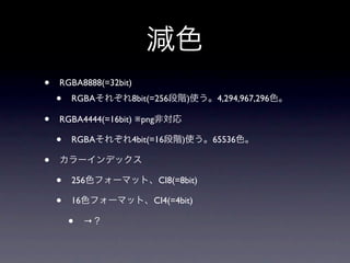 pɫ
?   RGBA8888(=32bit)
    ?   RGBA줾8bit(=256A)ʹ4,294,967,296ɫ

?   RGBA4444(=16bit) pngǌ

    ?   RGBA줾4bit(=16A)ʹ65536ɫ

?   `ǥå

    ?   256ɫե`ޥåȡCI8(=8bit)

    ?   16ɫե`ޥåȡCI4(=4bit)

        ?   
 