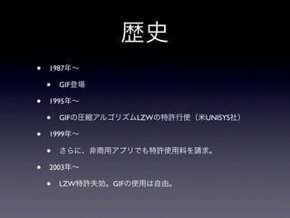 sʷ
?   1987ꡫ

    ?   GIFǈ

?   1995ꡫ

    ?   GIFΈRs르ꥺLZWSʹUNISYS磩

?   1999ꡫ

    ?   ˡåץǤSʹϤՈ

?   2003ꡫ

    ?   LZWSʧGIFʹäɡ
 