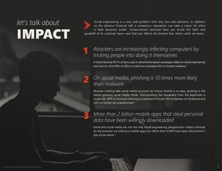 Protect your weakest security link—end users 7
1
2
3
IMPACT
let's talk about Social engineering is a very real problem with very few real solutions. In addition
to the obvious financial toll, a company’s reputation can take a major hit when
a hack becomes public. Compromised personal data can erode the faith and
goodwill of its customer base—and that too affects the bottom line. Here's what we know…
Attackers are increasingly infecting computers by
tricking people into doing it themselves
On social media, phishing is 10 times more likely
than malware
More than 2 billion mobile apps that steal personal
data have been willingly downloaded
A mind-blowing 99.7% of docs used in attachment-based campaigns relied on social engineering
and macros. And 98% of URLs in malicious messages link to hosted malware.2
Because creating fake social media accounts for known brands is so easy, phishing is the
fastest growing social media threat. Distinguishing the fraudulent from the legitimate is
tough too: 40% of accounts claiming to represent Fortune 100 companies on Facebook and
20% on Twitter are unauthorized.3
Email and social media are not the only social engineering playgrounds—these criminals
do big business via malicious mobile apps too. More than 12,000 have been discovered in
app stores alone.4
 