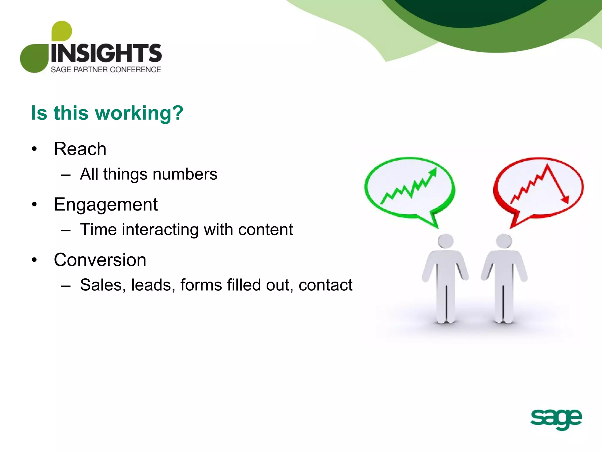 Is this working? Reach All things numbers Engagement Time interacting with content Conversion Sales, leads, forms filled out, contact 