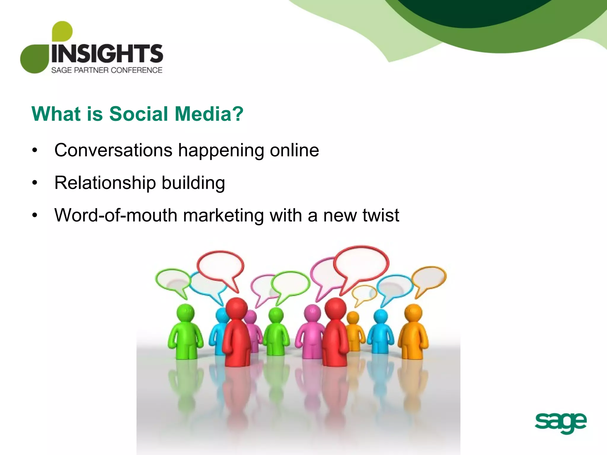 What is Social Media? Conversations happening online Relationship building Word-of-mouth marketing with a new twist 