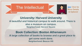 University: Harvard University
A beautiful and historical campus to walk around. There is
also a museum on campus.
Neighborhood: Harvard Square
Book Collection: Boston Athenaeum
A large collection of books to browse and a great place to
get some work done.
Neighborhood: Beacon Hill
The Intellectual Click for
More Details
& Options!
 